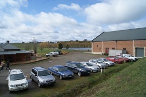 The Curly Flat winery on the right, cellar door on the left, and vineyards in the background